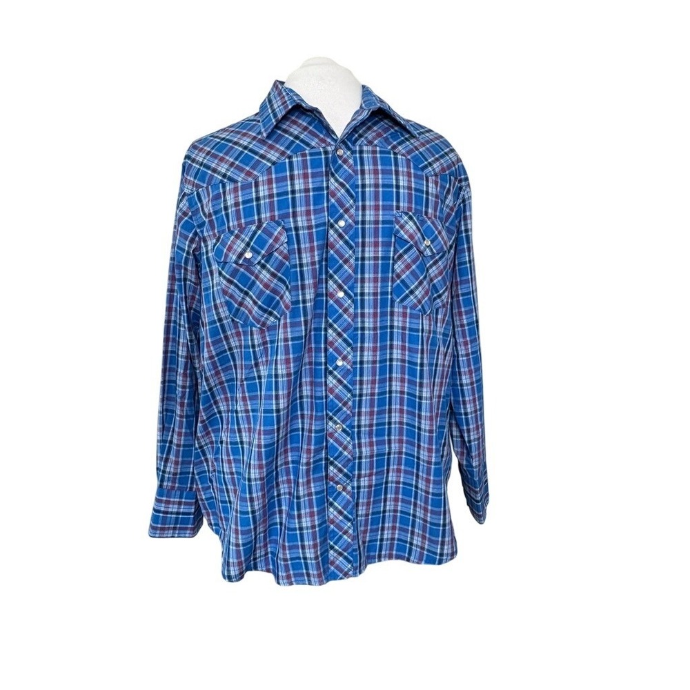 Wrangler‎ Fancy Western Pearl Snap Front Shirt 2XL Blue Plaid Southwestern